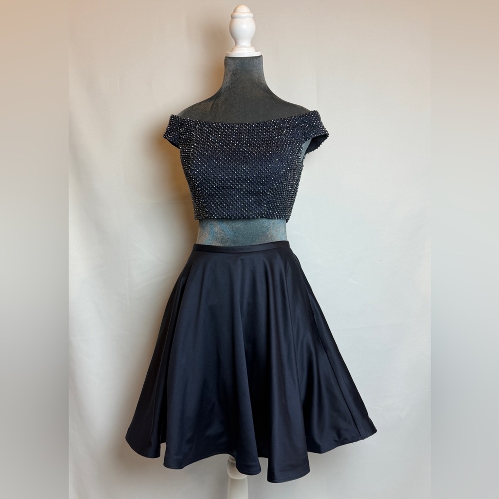 Dark Navy Blue Beaded 2-piece Midi A-Line Prom Dress